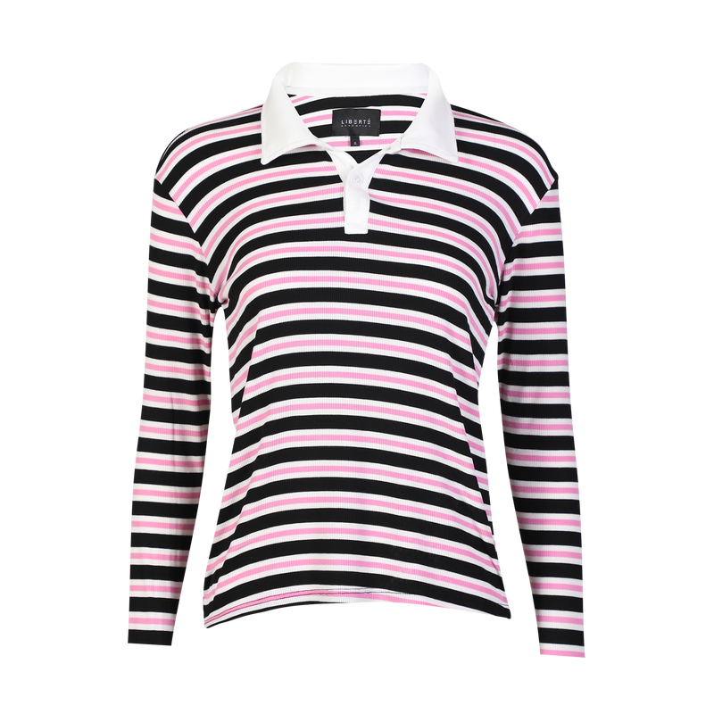 NATALIA-LS-POLO-BLOUSE - BLACK BUBBLEGUM WHITE STRIPE