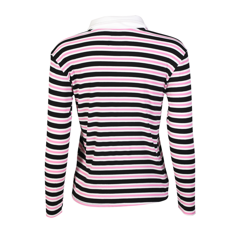 NATALIA-LS-POLO-BLOUSE - BLACK BUBBLEGUM WHITE STRIPE