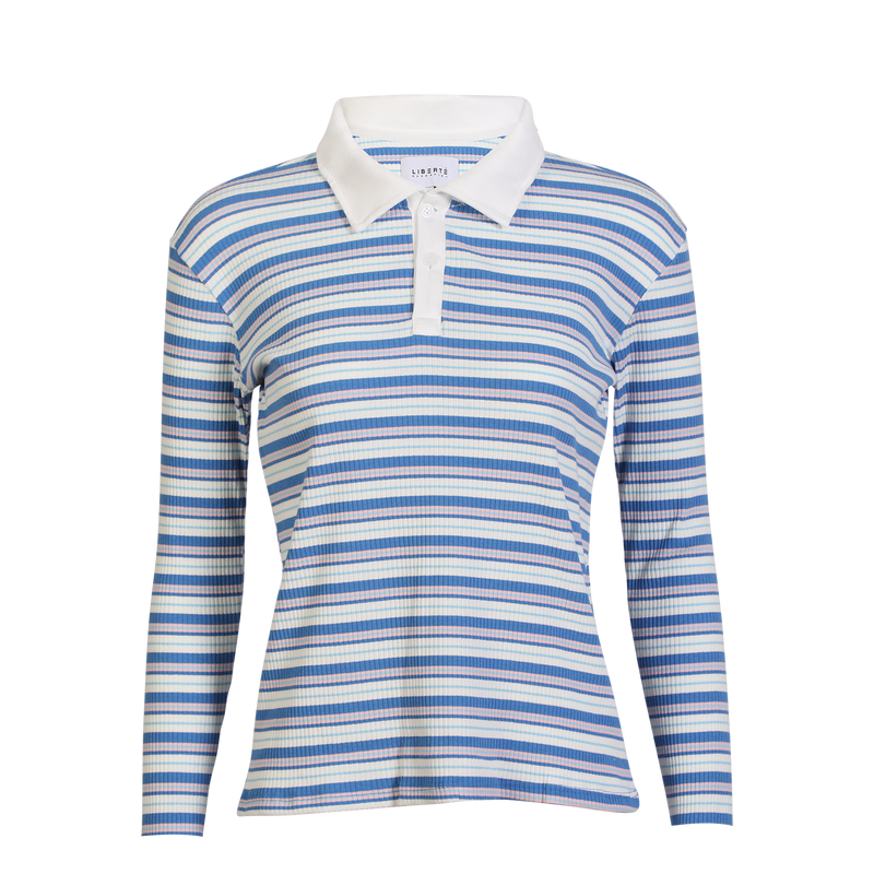 NATALIA-LS-POLO-BLOUSE - BLUE WHITE ROSE STRIPE