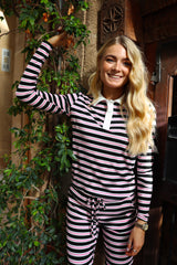 NATALIA-LS-POLO-BLOUSE - BLACK BUBBLEGUM WHITE STRIPE