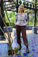 HEATHER-LS-TIE-BLOUSE - BROWN BLUE STRIPE