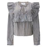 HEATHER-LS-TIE-BLOUSE - BROWN BLUE STRIPE