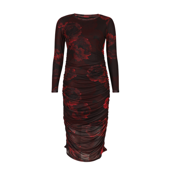 MESH LS LONG DRESS - BLACK BORDEAUX FLOWER