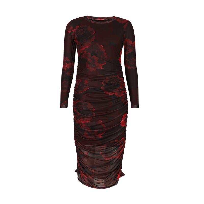 MESH LS LONG DRESS - BLACK BORDEAUX FLOWER
