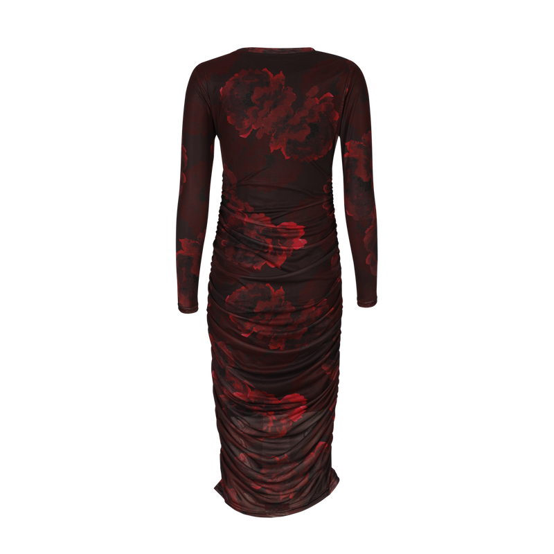 MESH LS LONG DRESS - BLACK BORDEAUX FLOWER