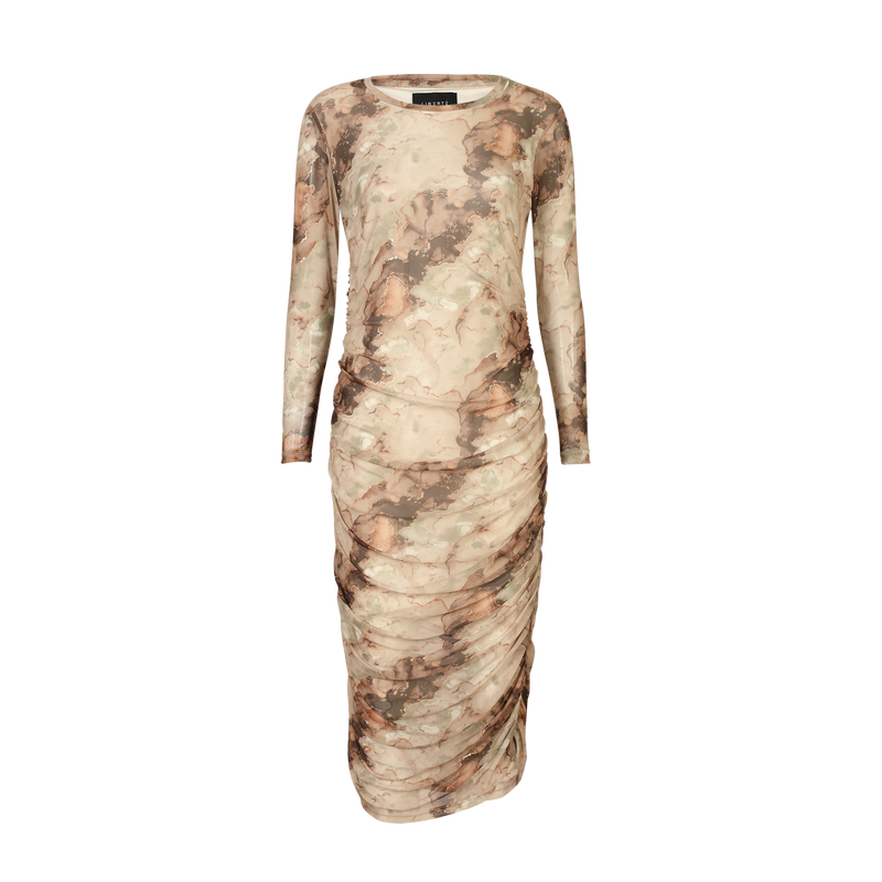 MESH LS LONG DRESS - BROWN GOLD MARBLE