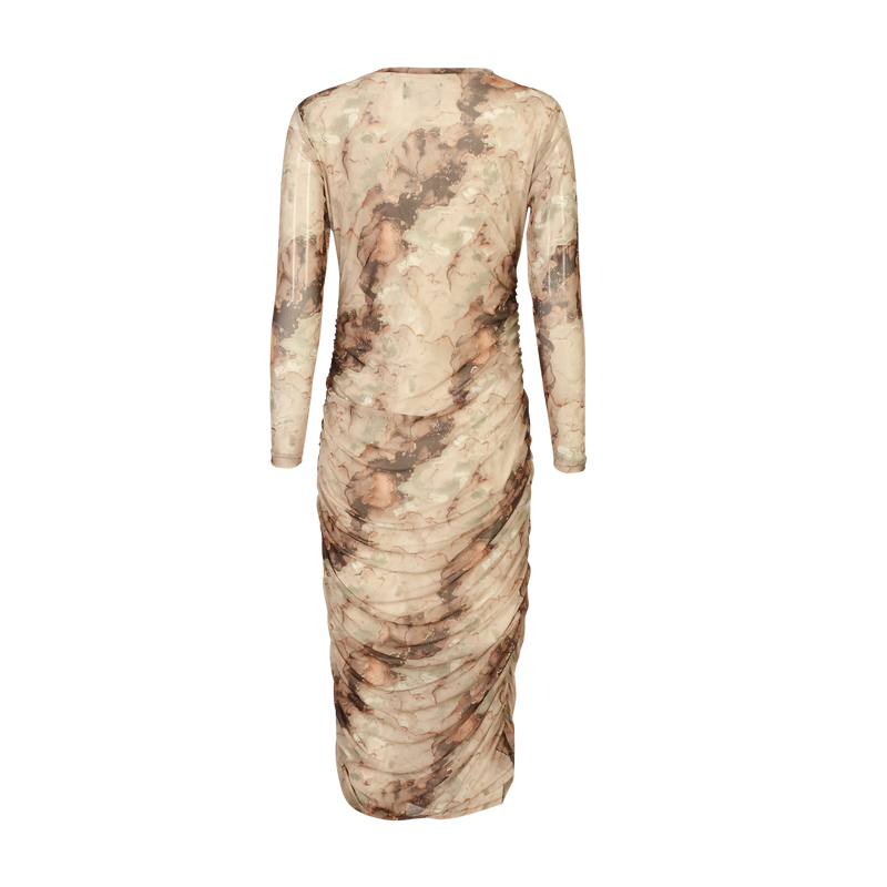 MESH LS LONG DRESS - BROWN GOLD MARBLE