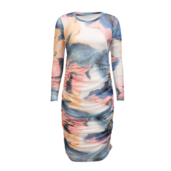 MESH LS LONG DRESS - BLUE PEACH GOLD MARBLE