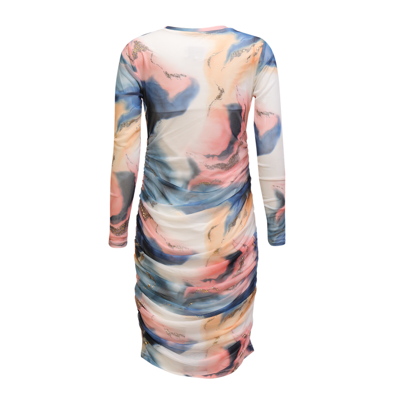 MESH LS LONG DRESS - BLUE PEACH GOLD MARBLE