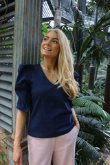 WINNIE ASTA VNECK BLOUSE - BLUE DENIM