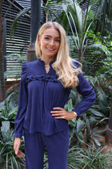 ANNI LS FRILL BLOUSE - NAVY
