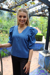 WINNIE VNECK BLOUSE - DUSTY BLUE