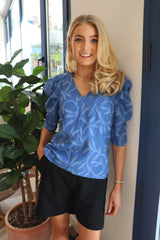 WINNIE VNECK BLOUSE - JACQUARD BLUE