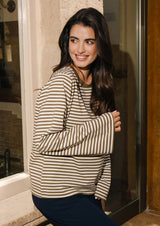 NALIA  LS BOXY TSHIRT - ARMY CREME STRIPE