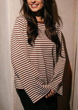 NALIA  LS BOXY TSHIRT - BROWN CREME STRIPE