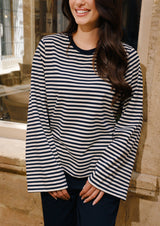 NALIA  LS BOXY TSHIRT - NAVY CREME STRIPE