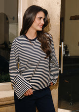 NALIA  LS BOXY TSHIRT - NAVY CREME STRIPE