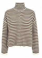 SARA LS ZIP CARDIGAN - BROWN CREME STRIPE