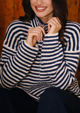 SARA LS ZIP CARDIGAN - NAVY CREME STRIPE