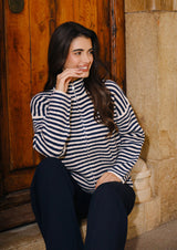 SARA LS ZIP CARDIGAN - NAVY CREME STRIPE