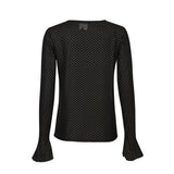 MESH LS FRILL SLEEVE TOP - BLACK GOLD FOIL DOT