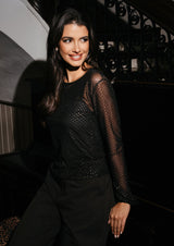 MESH LS FRILL SLEEVE TOP - BLACK GOLD FOIL DOT