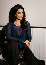 MESH LS FRILL SLEEVE TOP - NAVY
