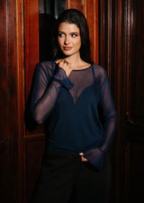 MESH LS FRILL SLEEVE TOP - NAVY