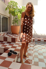 ALMA-SHORT-STRAP-DRESS - BROWN CREME DOT