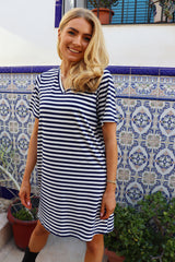 ALMA-VNECK-TSHIRT-DRESS - BLUE CREME STRIPE