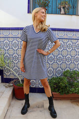 ALMA-VNECK-TSHIRT-DRESS - BLUE CREME STRIPE