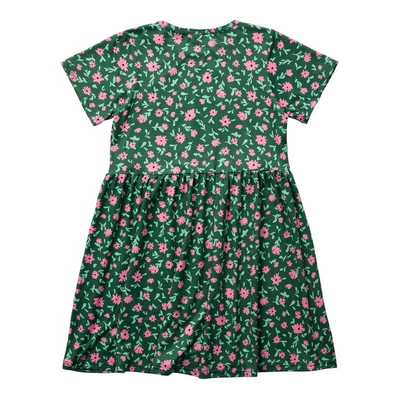 ALMA-SS-BABYDOLL-DRESS (KIDS) - GREEN PINK FLOWERS
