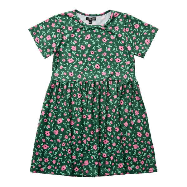 ALMA-SS-BABYDOLL-DRESS (KIDS) - GREEN PINK FLOWERS