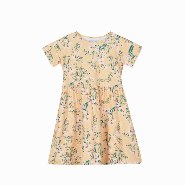 ALMA-SS-BABYDOLL-DRESS (KIDS) - YELLOW GREEN FLOWER