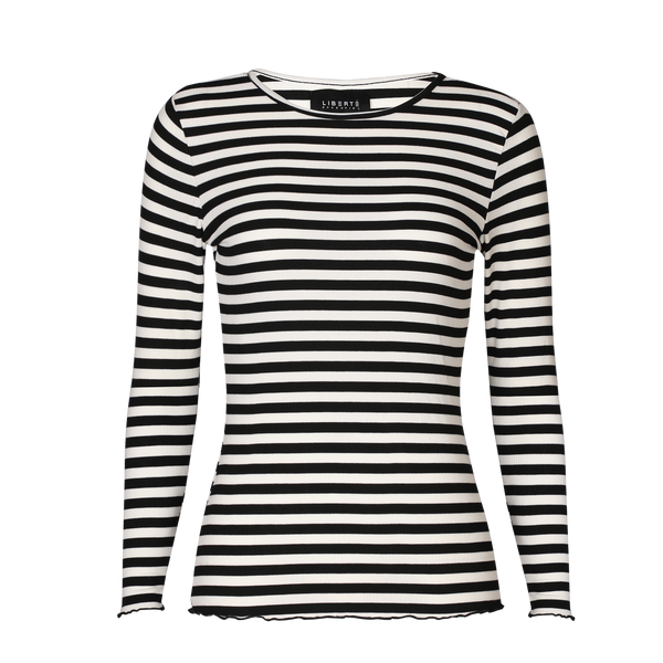 NATALIA LS ROUND NECK BLOUSE - BLACK CREME STRIPE