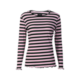 NATALIA LS ROUND NECK  BLOUSE - BLACK BUBBLEGUM WHITE STRIPE