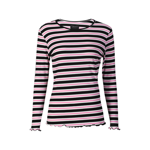 NATALIA LS ROUND NECK  BLOUSE - BLACK BUBBLEGUM WHITE STRIPE