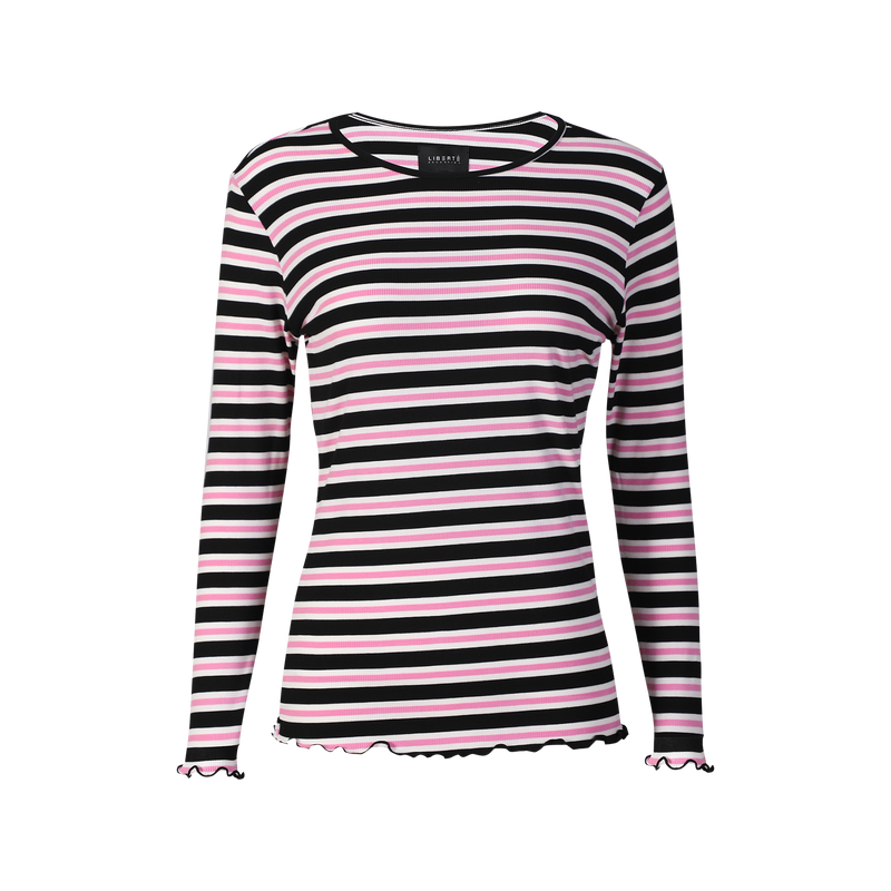 NATALIA LS ROUND NECK  BLOUSE - BLACK BUBBLEGUM WHITE STRIPE