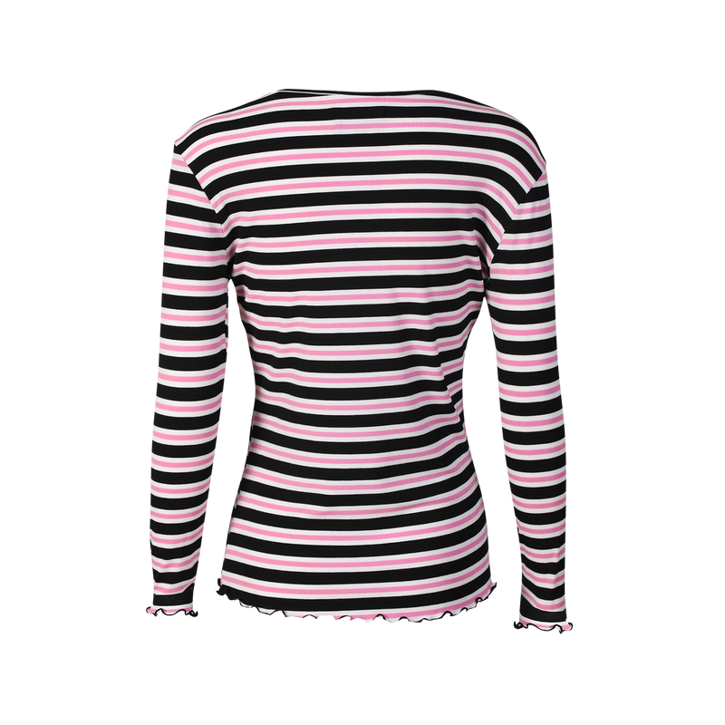 NATALIA LS ROUND NECK  BLOUSE - BLACK BUBBLEGUM WHITE STRIPE