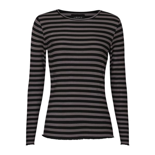 NATALIA LS ROUND NECK  BLOUSE - BLACK DARK GREY STRIPE