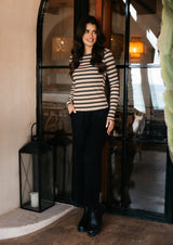NATALIA LS ROUND NECK BLOUSE - BLACK CREME GREY STRIPE