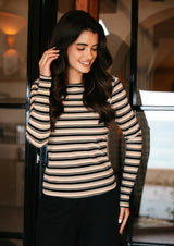 NATALIA LS ROUND NECK BLOUSE - BLACK CREME GREY STRIPE