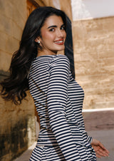 NATALIA LS ROUND NECK BLOUSE - NAVY GREY MEL. STRIPE