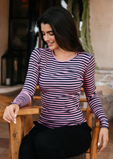 NATALIA LS ROUND NECK BLOUSE - NAVY PINK STRIPE