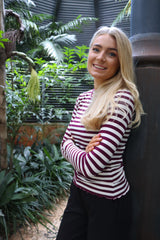 NATALIA LS ROUND NECK BLOUSE - PLUM CREME STRIPE