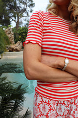 NATALIA SS BLOUSE - LOBSTER RED CREME STRIPE