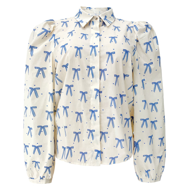 FLORA LS BLOUSE - CREME BLUE BOW HEARTS