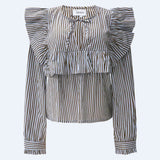 HEATHER-LS-TIE-BLOUSE - BROWN BLUE STRIPE