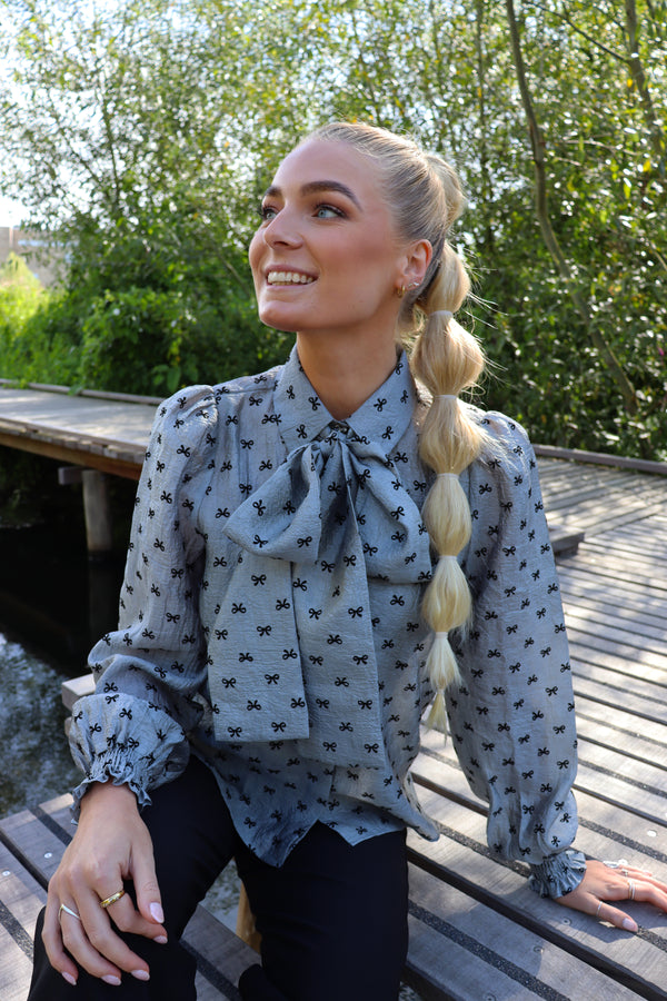 ELINA-LS-BLOUSE - GREY BLACK BOW