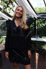 NOR LS FRILL BLOUSE - BLACK SEQUINS